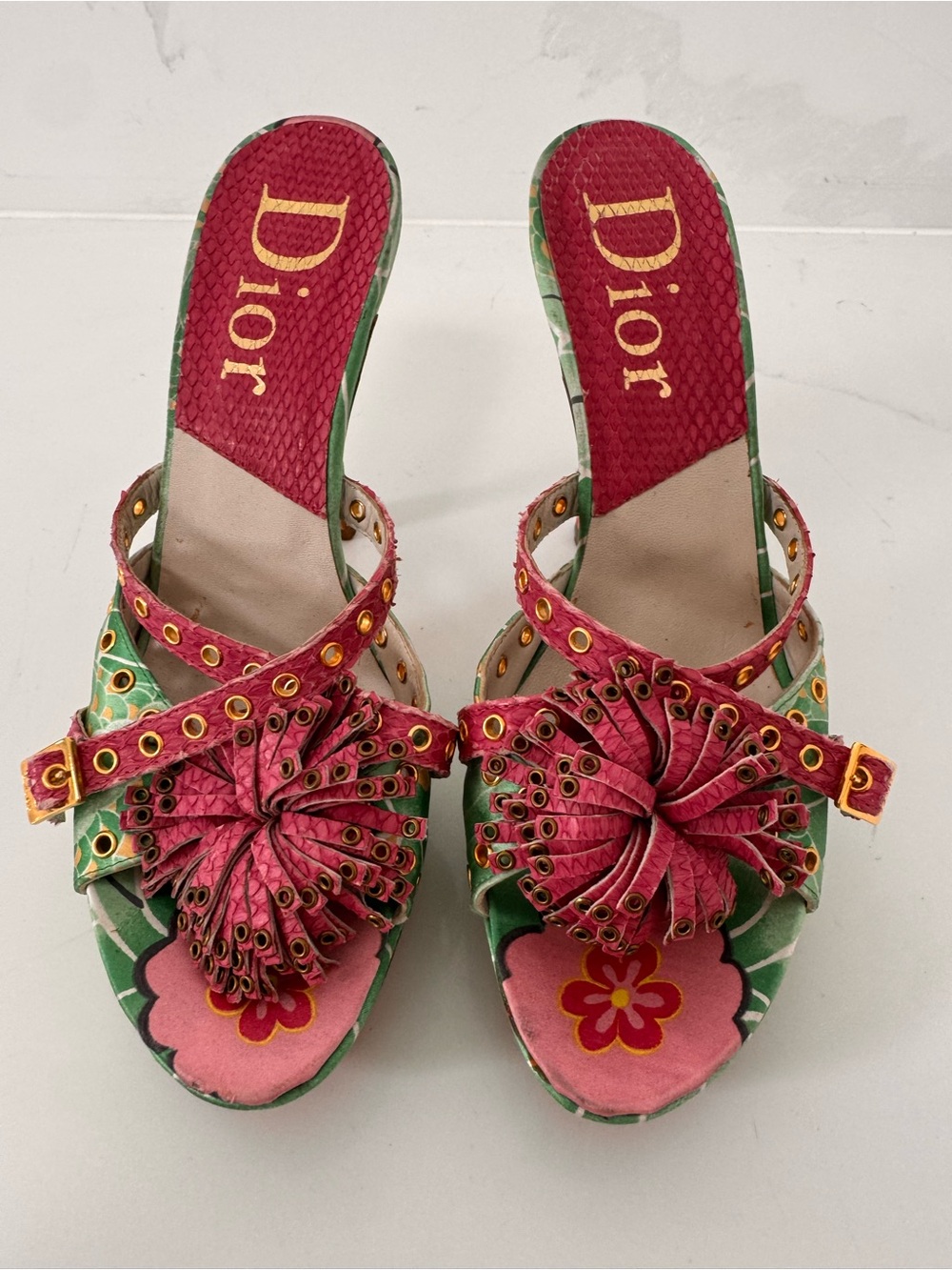 Dior Koi Pink & Green Floral python High Heel Mules 39 - Picture 2 of 7